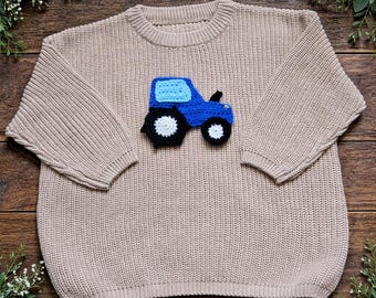 Blue Tractor Jumper Hand-crocheted appliqué – Personalised Name