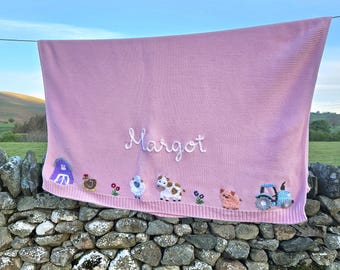 Girly Farm Theme Baby Name Blanket, Hand Embroidered Personalised Cotton Blanket Keepsake Heirloom Christening Gift