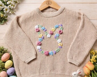 Easter Spring Knit Jumper Floral Bunny Hand Embroidered Sweater