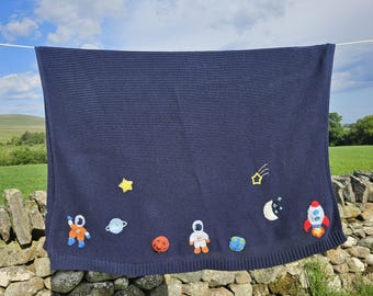 Personalised Space Themed Baby Boy Name Blanket, Hand Embroidered Keepsake Heirloom Gift