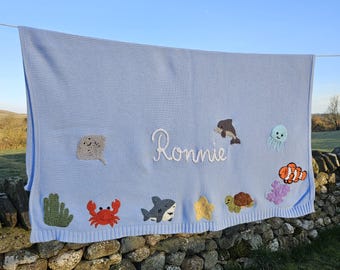 Personalised Under the Sea Baby Boy Name Blanket, Hand Embroidered Keepsake Heirloom Gift