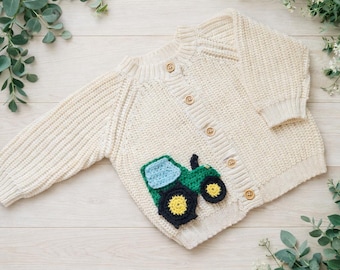 Personalised Baby Cotton Knit Cardigan | Hand Crocheted Green Tractor Appliqué