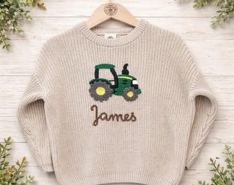 Green Tractor Jumper – Personalised Name option. Hand-Embroidered farm theme gift