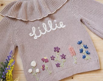 Hand-Embroidered Wildflower Frill Collar Cardigan – Personalised Floral 100% Cotton Knit Newborn Heirloom Keepsake Gift