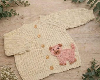 Personalised Baby Pig Cardigan | Hand-Crocheted Appliqué, Cotton Knit