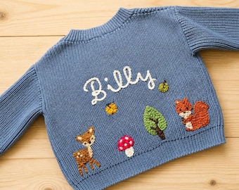 Boy Name Cardigan Personalised Hand Embroidered Woodland Theme Cotton Rib Knit Cardigan Gift