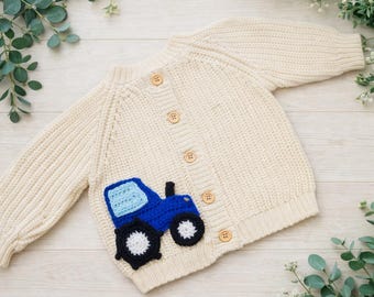 Personalised Baby Cotton Knit Cardigan | Hand Crocheted Blue Tractor Appliqué