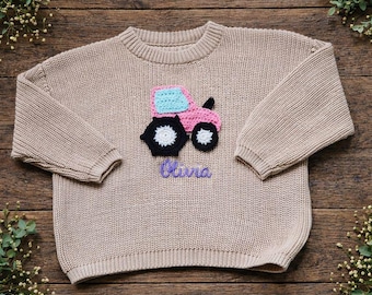 Hand-crocheted appliqué Pink Tractor Jumper – Personalised Name