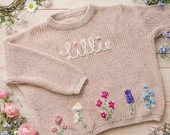 Floral Embroidered Personalised Name Kids Girls Jumper – 100% Cotton Oversized Sweater