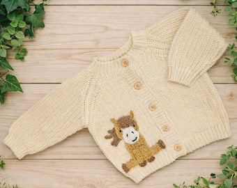 Personalised Baby Cardigan | Hand-Crocheted Pony Appliqué, Cotton Knit