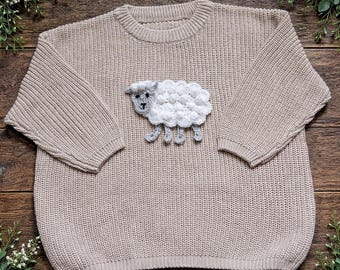 Hand-crocheted appliqué Sheep Jumper – Personalised Name 100% Cotton Oversized Knit