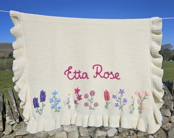 Hand-Embroidered Floral Frill Baby Name Blanket, Personalised Cotton Keepsake Heirloom, Baby Girl Gift