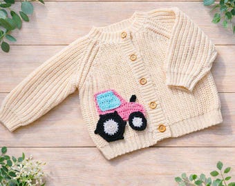 Personalised Baby Cotton Knit Cardigan | Hand Crocheted Girls Pink Tractor Appliqué