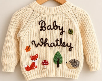 Gender Neutral Name Cardigan Personalised Hand Embroidered Woodland Theme Cotton Rib Knit Cardigan Gift