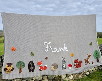 Woodland Theme Baby Name Blanket, Hand Embroidered Personalised Cotton Blanket Keepsake Heirloom Christening Gift