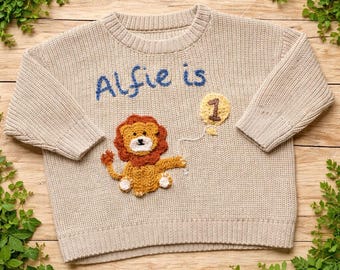 Birthday Celebration Jumper. Hand Crocheted Animal Appliqué. Personalised Embroidered Name