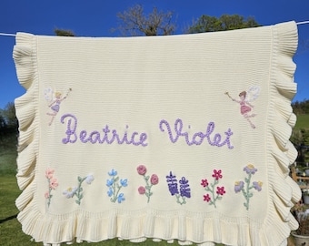 Hand-Embroidered Fairy Floral Baby Name Blanket, Personalised Cotton Keepsake Heirloom Christening Gift