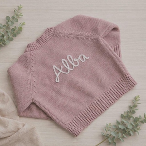 Personalised Baby Girl Duck Cardigan, Hand Embroidered Dusky Pink Knitwear image 3