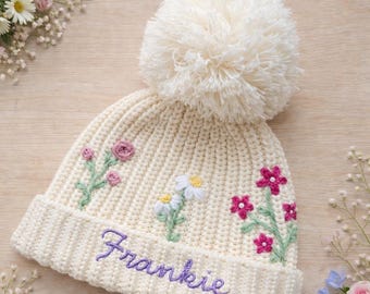 Floral Baby Beanie, Hand Embroidered Cotton Knit Personalised Pom Pom Hat