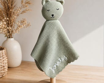 Personalised Hand Embroidered Cotton Bear Comforter. Baby Name Security Blanket