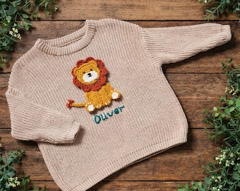 Hand-crocheted appliqué Lion Jumper – Personalised Name 100% Cotton Oversized Knit