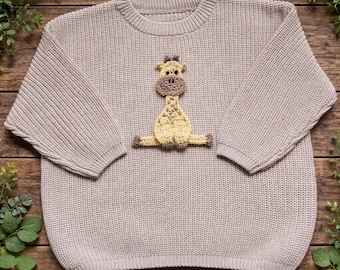 Giraffe Jumper Hand-crocheted appliqué  – Personalised Name 100% Cotton Oversized Knit