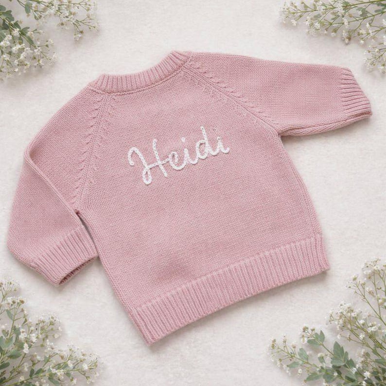 Personalised Baby Girl Duck Cardigan, Hand Embroidered Dusky Pink Knitwear image 7