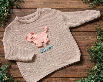 Hand-crocheted appliqué Pig Jumper – Personalised Name 100% Cotton Oversized Knit