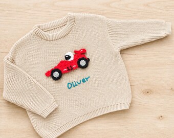 Racing Car Jumper Hand-crocheted appliqué  – Personalised Name 100% Cotton Oversized Knit