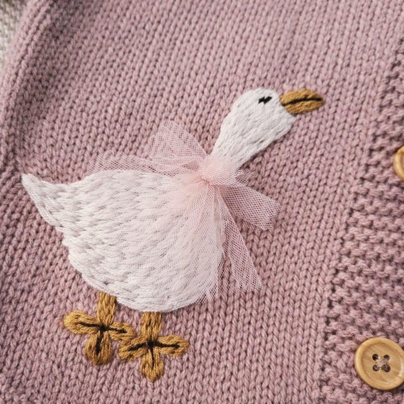 Personalised Baby Girl Duck Cardigan, Hand Embroidered Dusky Pink Knitwear image 4