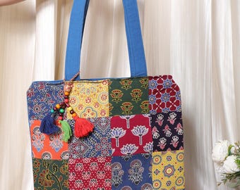 Handmade Patchwork Tote Bag – Colourful Block Print Cotton Shopper | Reusable Shoulder handbag | Unique Gift for Her UK