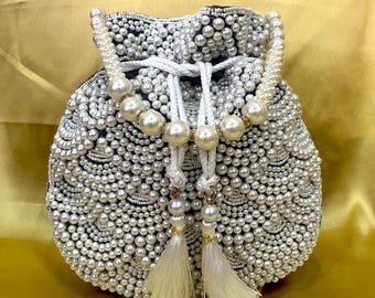 Grey Pearl Beaded Potli Bag | Hand Embroidered Bridal Clutch | Indian Drawstring Pouch | Wedding Favor Bag | Gift for Her