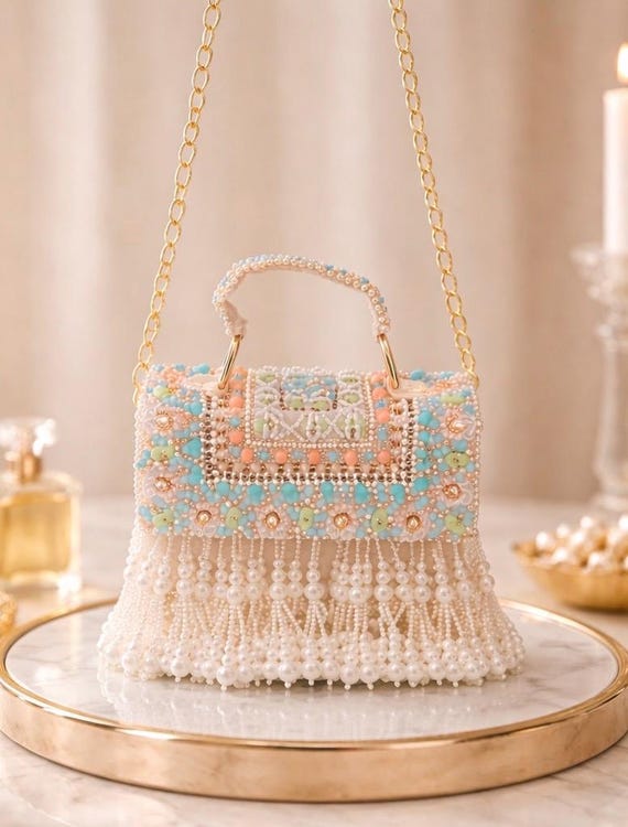 Handmade Beaded Pearl Fringe Clutch Bag | Designer Wedding  display picture 3