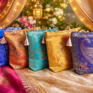 Könnte beinhalten: Fünf dekorative Stofftaschen in verschiedenen Farben, darunter Blau, Orange, Türkis, Gelb und Lila. Jede Tasche hat ein einzigartiges Muster und Design mit goldenen Akzenten. Die Taschen sind mit Quasten verziert und auf gemustertem Stoff ausgestellt.