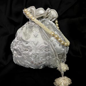Silver Zardozi Embroidered Potli Bag: Handcrafted Satin Drawstring Purse
