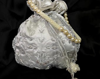 Silver Zardozi Embroidered Potli Bag: Handcrafted Satin Drawstring Purse