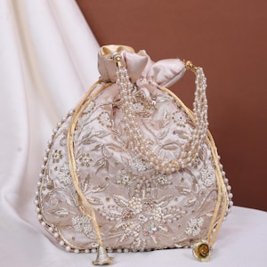 Champagne Gold Potli Bag: Pearl & Zardosi Embroidery, Bridal Purse
