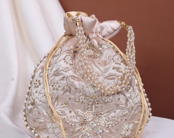 Champagne Gold Potli Bag: Pearl & Zardosi Embroidery, Bridal Purse