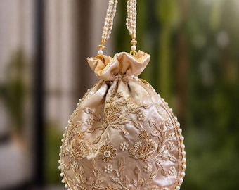 Champagne Gold Embroidered Potli Bag with Pearl Handle | Bridal Wedding Purse | Handmade Indian Ethnic Clutch | Designer Festive Bag