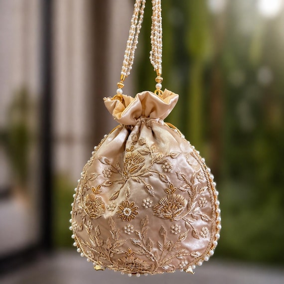 Champagne Gold Embroidered Potli Bag with Pearl Handle | Bridal Wedding Purse | Handmade Indian Ethnic Clutch | Designer Festive Bag