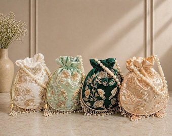 Bolso Potli de lujo con asa de perlas, bolso de mano nupcial de seda bordado, bolso de boda indio, regalo para damas de honor, blanco champán aguamarina verde menta