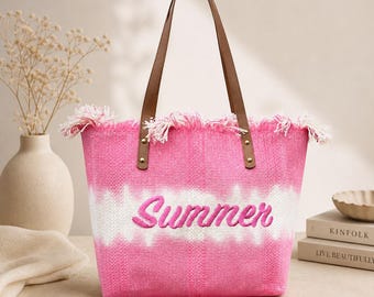 Handcrafted Canvas Tote Bag: Pink Ombre Summer Vibes with Fringe