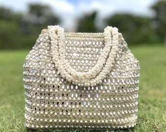 Beige Mirror Work Potli Bag: Pearl Handle Boho Handbag