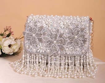 Pearl Beaded Floral Clutch Bag with Fringe | White Wedding Evening Purse | Handmade Bridal Party Bag