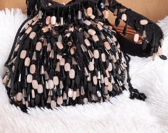 Black Beaded Potli Bag – Handmade Evening Clutch Purse | Beaded Party Bag | Indian Bridal Handbag | Gift for Her | Wedding Guest Accessory