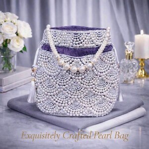 Graue Perle Perlen Potli Tasche | Hand bestickte Braut-Clutch | Indischer Kordelzugbeutel | Hochzeit-Gunstbeutel | Geschenk für Sie