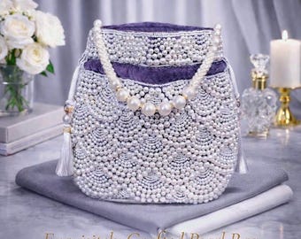 Bolso potli con cuentas de perlas grises / Bolso de mano de novia bordado a mano / Bolsa india con cordón / Bolsa de recuerdo de boda / Regalo para ella