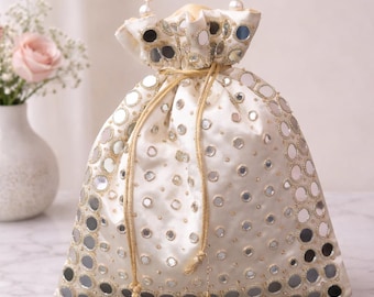 Ivory Spiegelarbeit Potli Tasche | Handgemachte Braut Hochzeit Geldbörse | Indische Handtasche | Halloween Geschenk