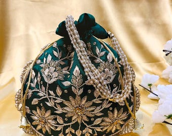 Stylish Indian Designer Zari Handwork Emerald Green Color Potli Bag with Drawstring pattern for all occasions