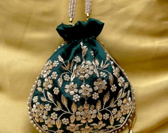 Emerald Green Potli Bag with Golden Zardosi Embroidery & Pearl Handle – Indian Bridal Clutch, Ethnic Wedding Purse, Gift for Her